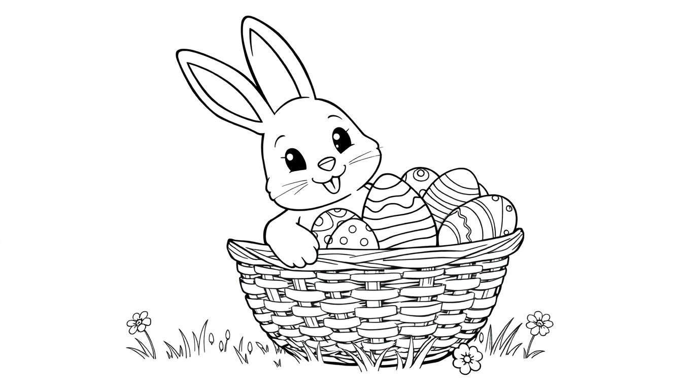 Una placa de color de un conejito de Pascua con una cesta de huevos.