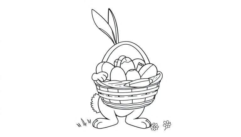 Placa de color de un conejo de Pascua amigable con una canasta llena de huevos.