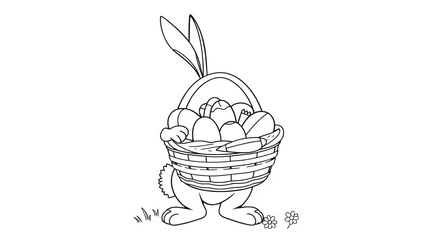 Placa de color de un conejo de Pascua amigable con una canasta llena de huevos.