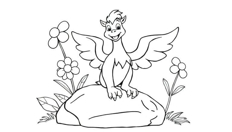 Un dibujo de un dragón amigable en blanco y negro para colorear, sentado en una roca rodeado de flores.