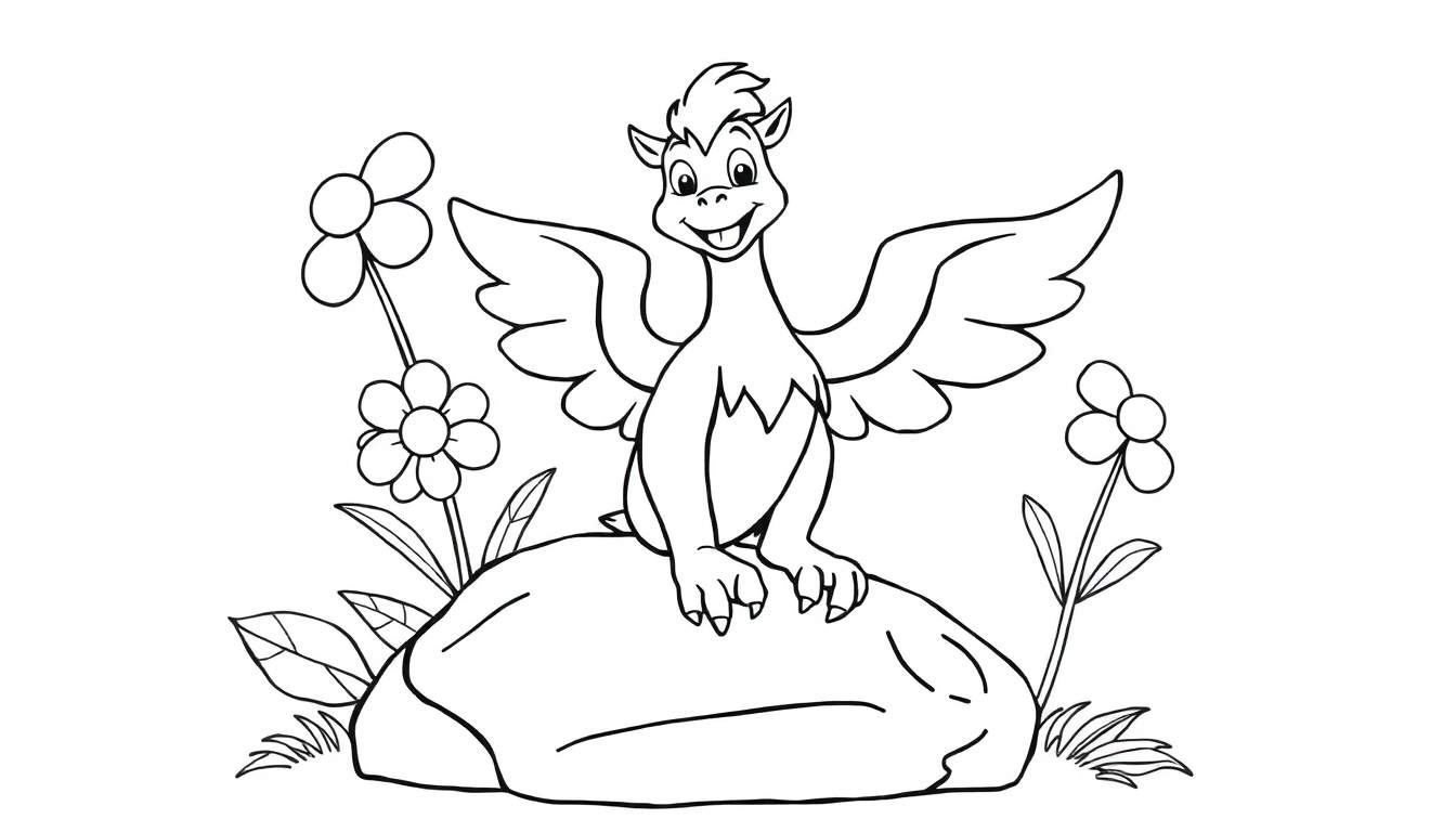 Un dibujo de un dragón amigable en blanco y negro para colorear, sentado en una roca rodeado de flores.