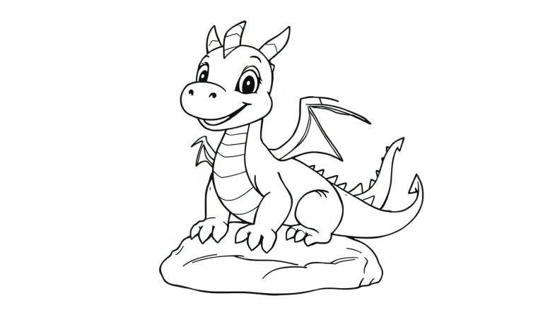 Una placa de color de un dragón bebé sonriente sentado en una roca, listo para colorear.