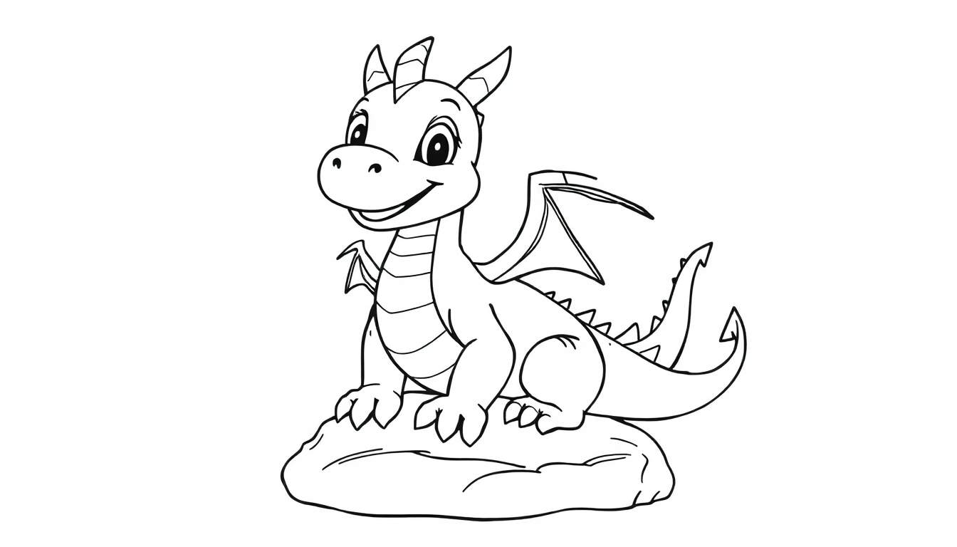 Una placa de color de un dragón bebé sonriente sentado en una roca, listo para colorear.