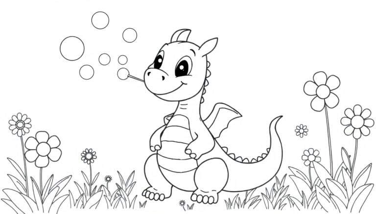 Placa de color de un dragón de dibujos animados soplando burbujas con flores.