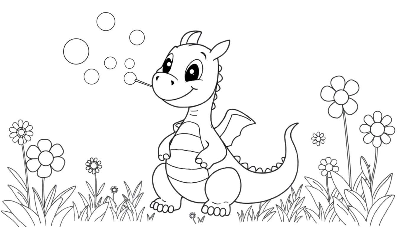 Placa de color de un dragón de dibujos animados soplando burbujas con flores.