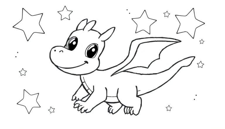 Placa de color de un dragón amigable con estrellas.