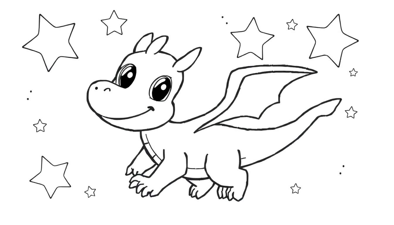 Placa de color de un dragón amigable con estrellas.