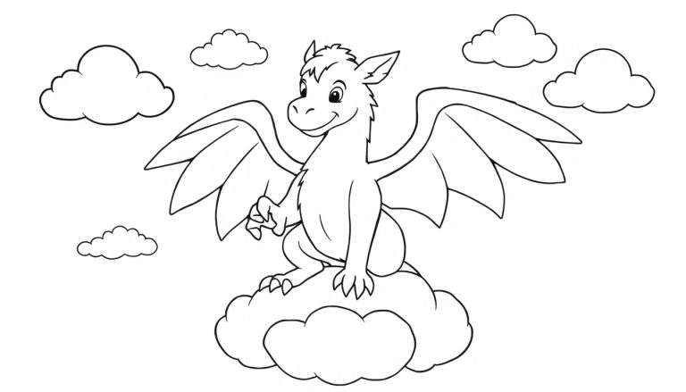Placa de color de un dragón de dibujos animados sonriendo sobre una nube.
