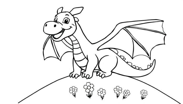 Placa de color de un dragón de dibujos animados amigable sentado en una colina con flores.