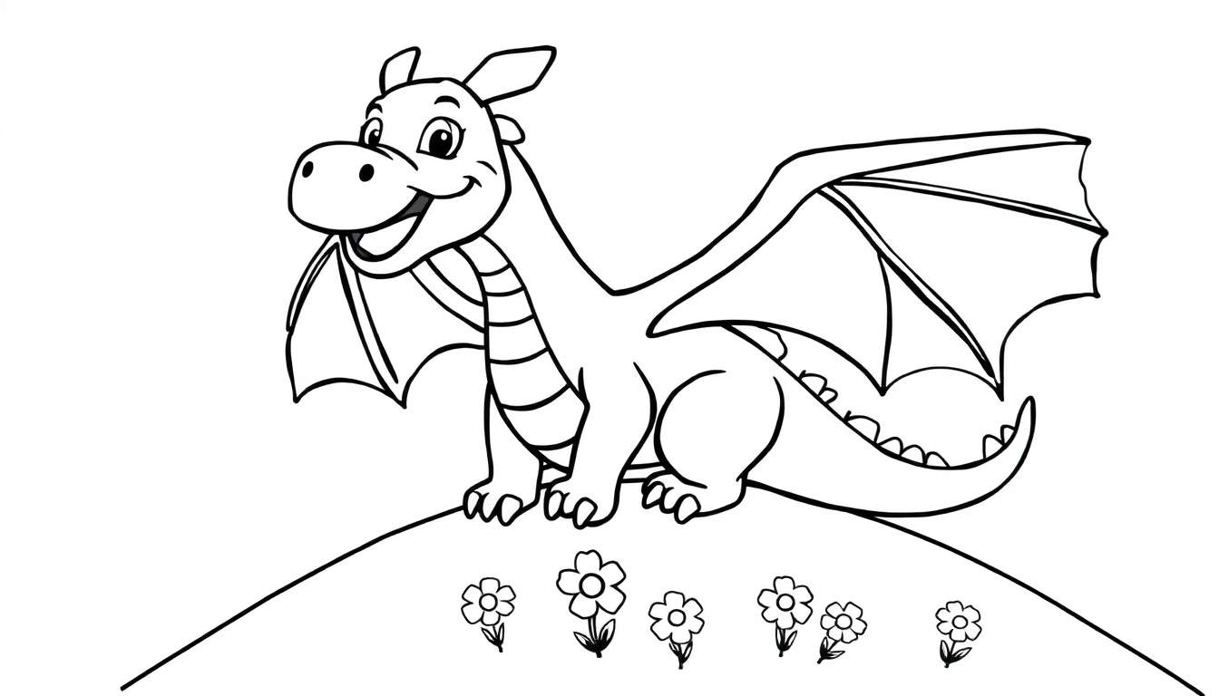 Placa de color de un dragón de dibujos animados amigable sentado en una colina con flores.