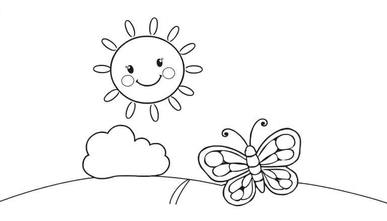 Placa de color con un sol sonriente, nubes y una mariposa.
