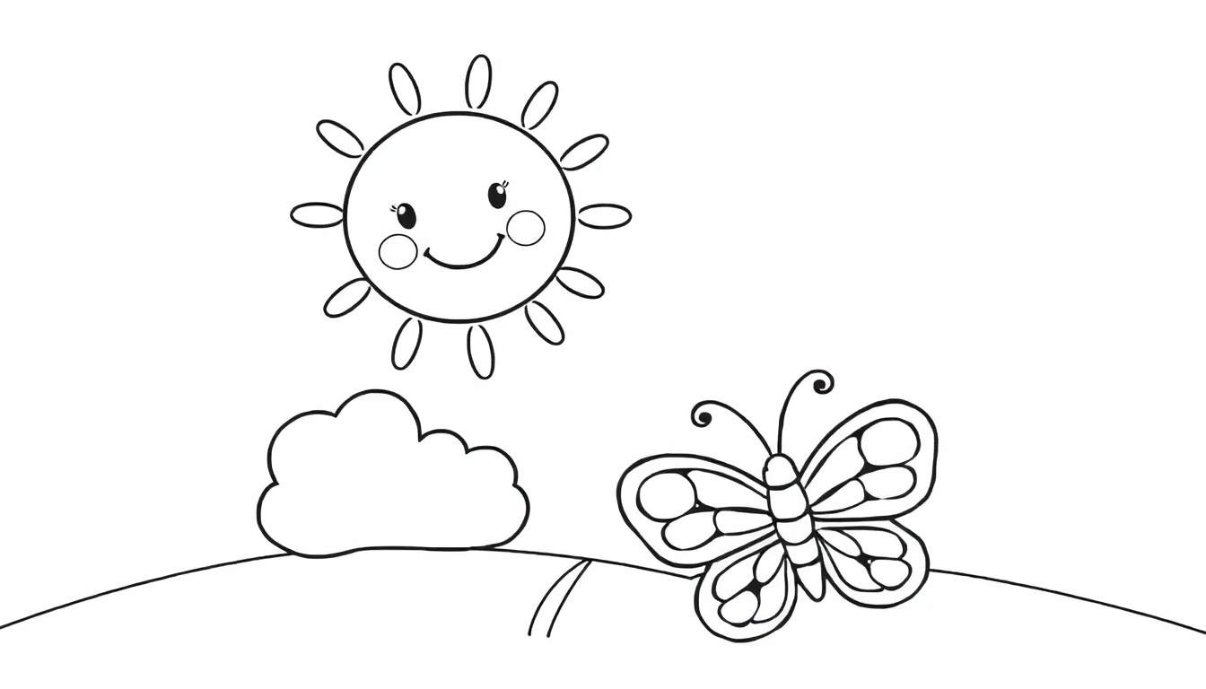 Placa de color con un sol sonriente, nubes y una mariposa.