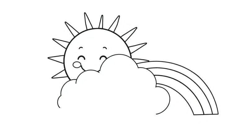 Una placa de color con un sol sonriente y un arcoíris detrás de una nube.