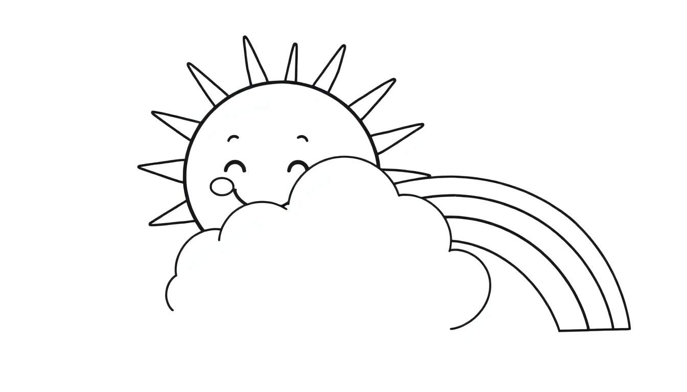 Una placa de color con un sol sonriente y un arcoíris detrás de una nube.