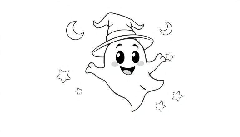 Placa de color de un fantasma amigable con sombrero de mago.