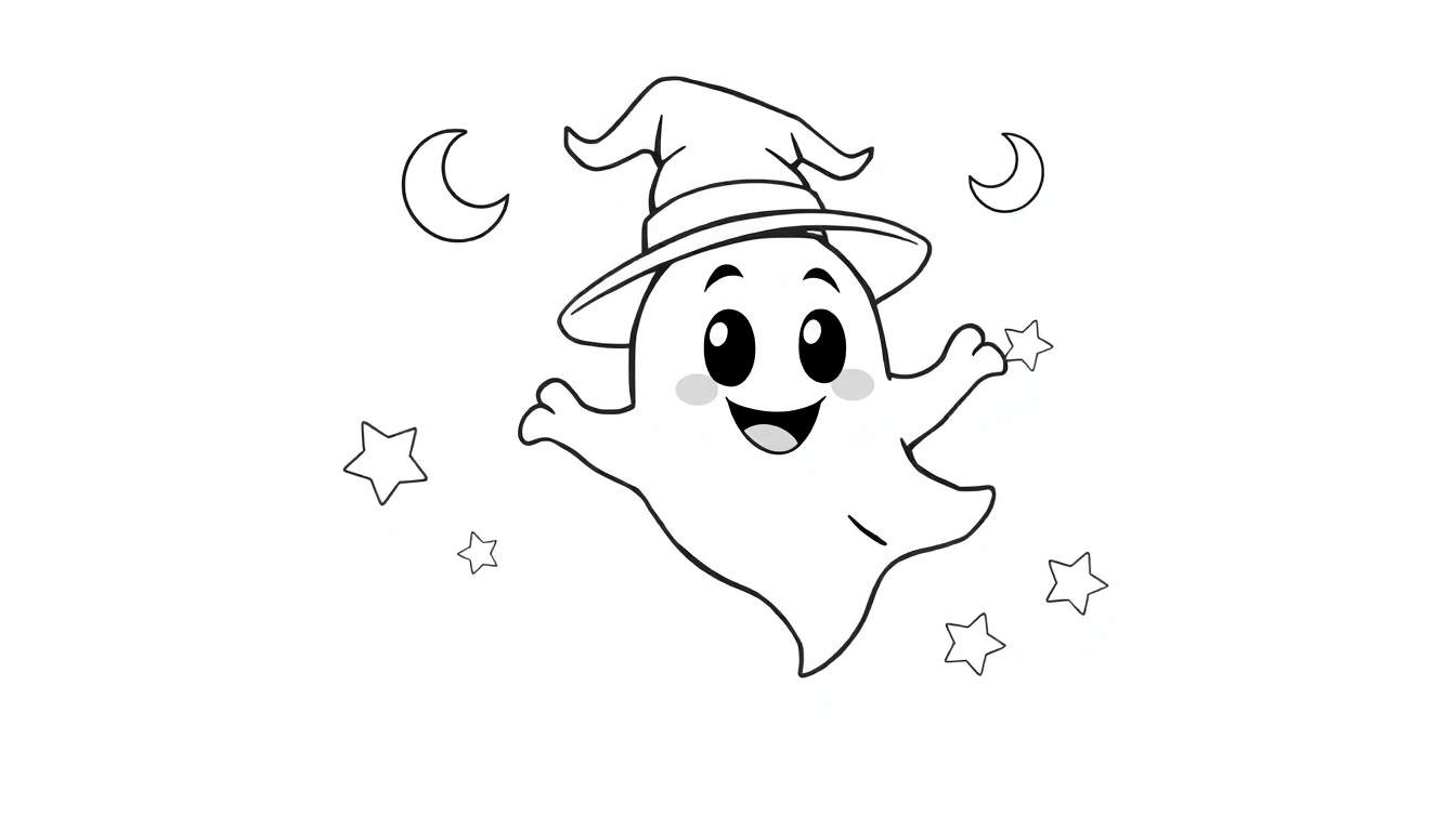 Placa de color de un fantasma amigable con sombrero de mago.
