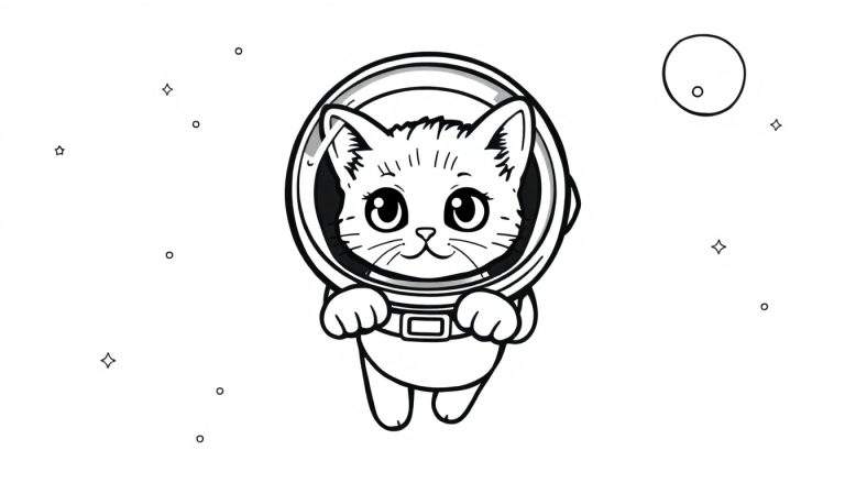 Placa de color de un gato astronauta adorable.