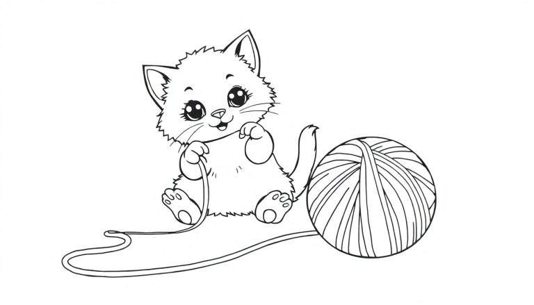 Placa de color: un gatito juguetón con un hilo.