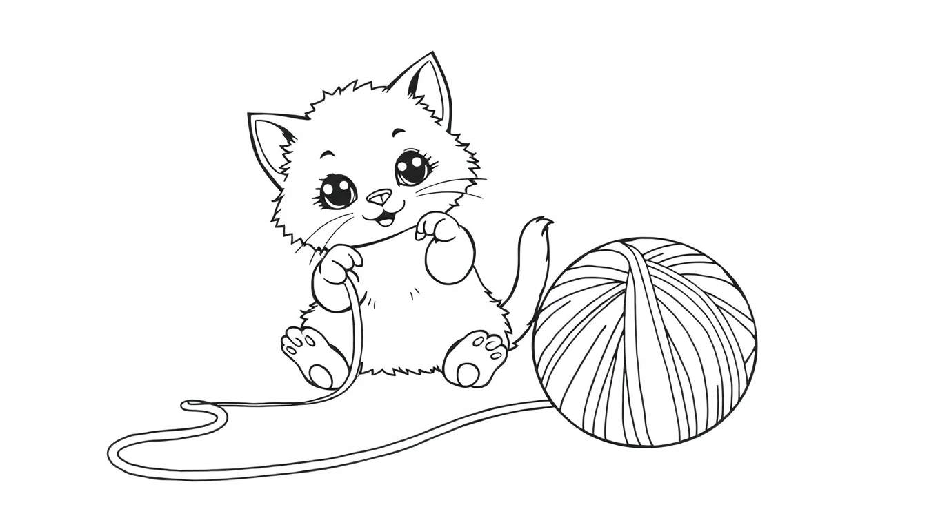 Placa de color: un gatito juguetón con un hilo.
