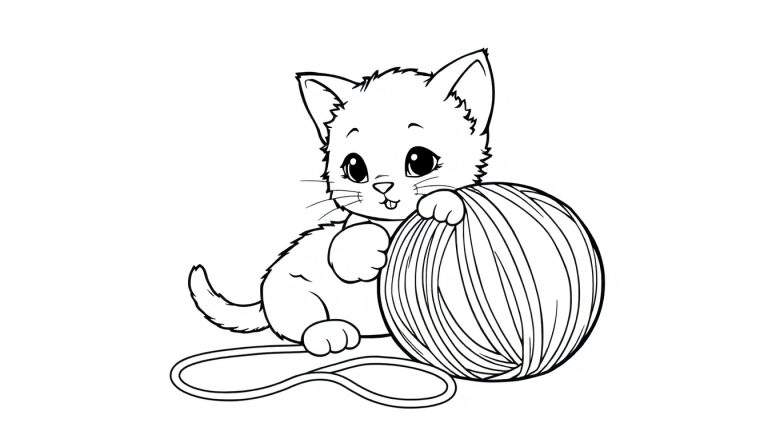 Placa de color para colorear de un gatito jugando con un ovillo de lana.