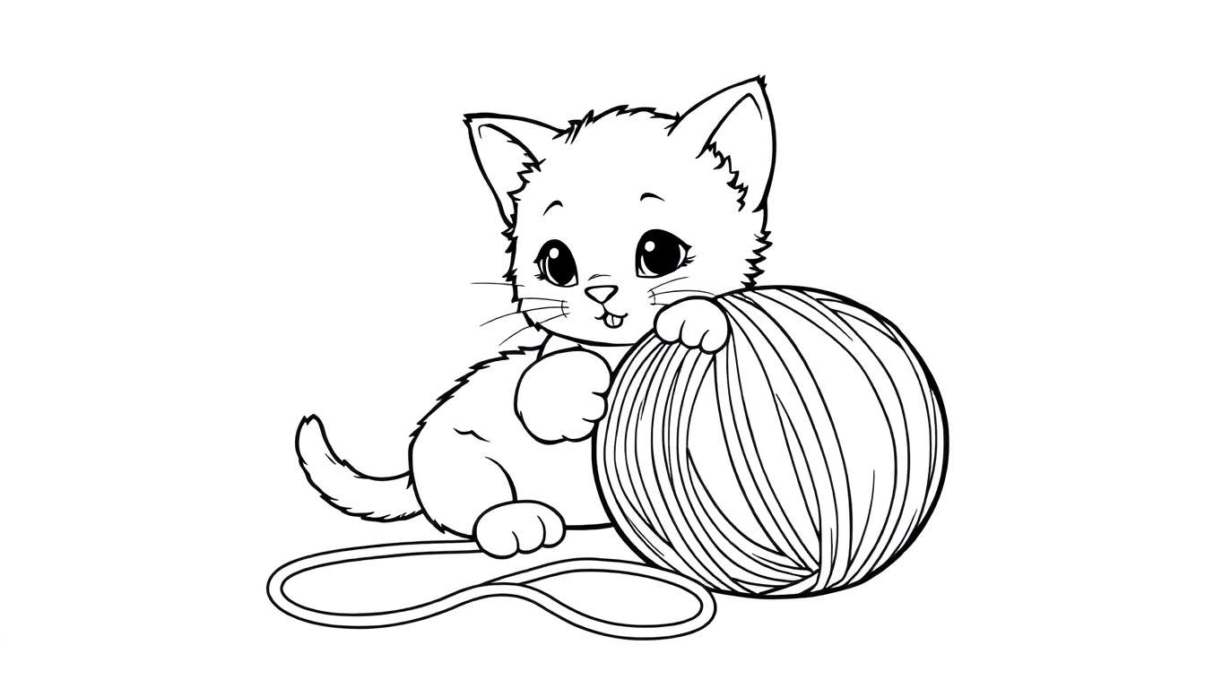 Placa de color para colorear de un gatito jugando con un ovillo de lana.