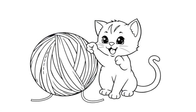 Placa de color de un gatito juguetón con una bola de estambre.