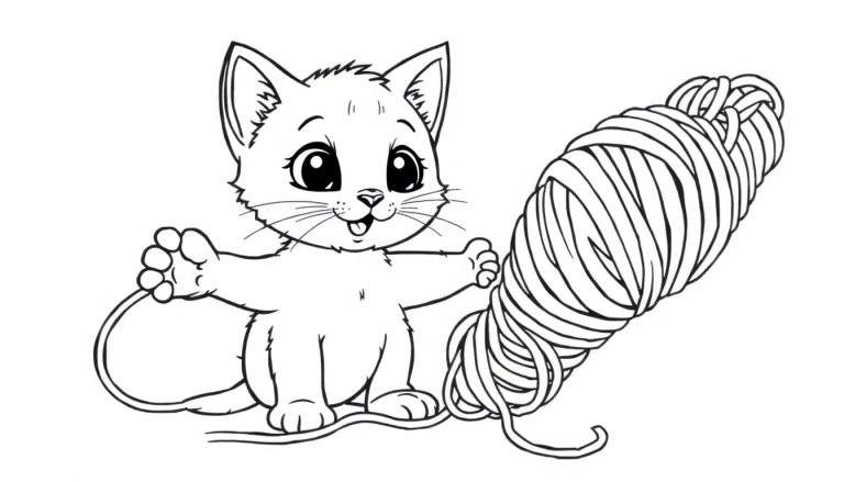 Placa de color de un lindo gatito jugando con un ovillo de lana.