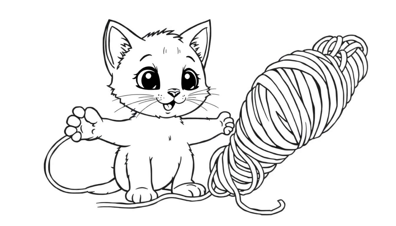 Placa de color de un lindo gatito jugando con un ovillo de lana.