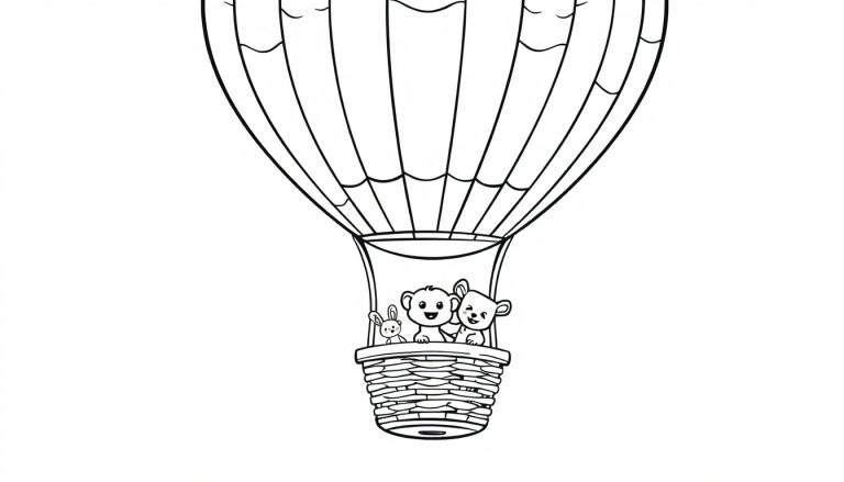 Placa de color de un globo aerostático con un conejito y dos ositos de peluche en la cesta.