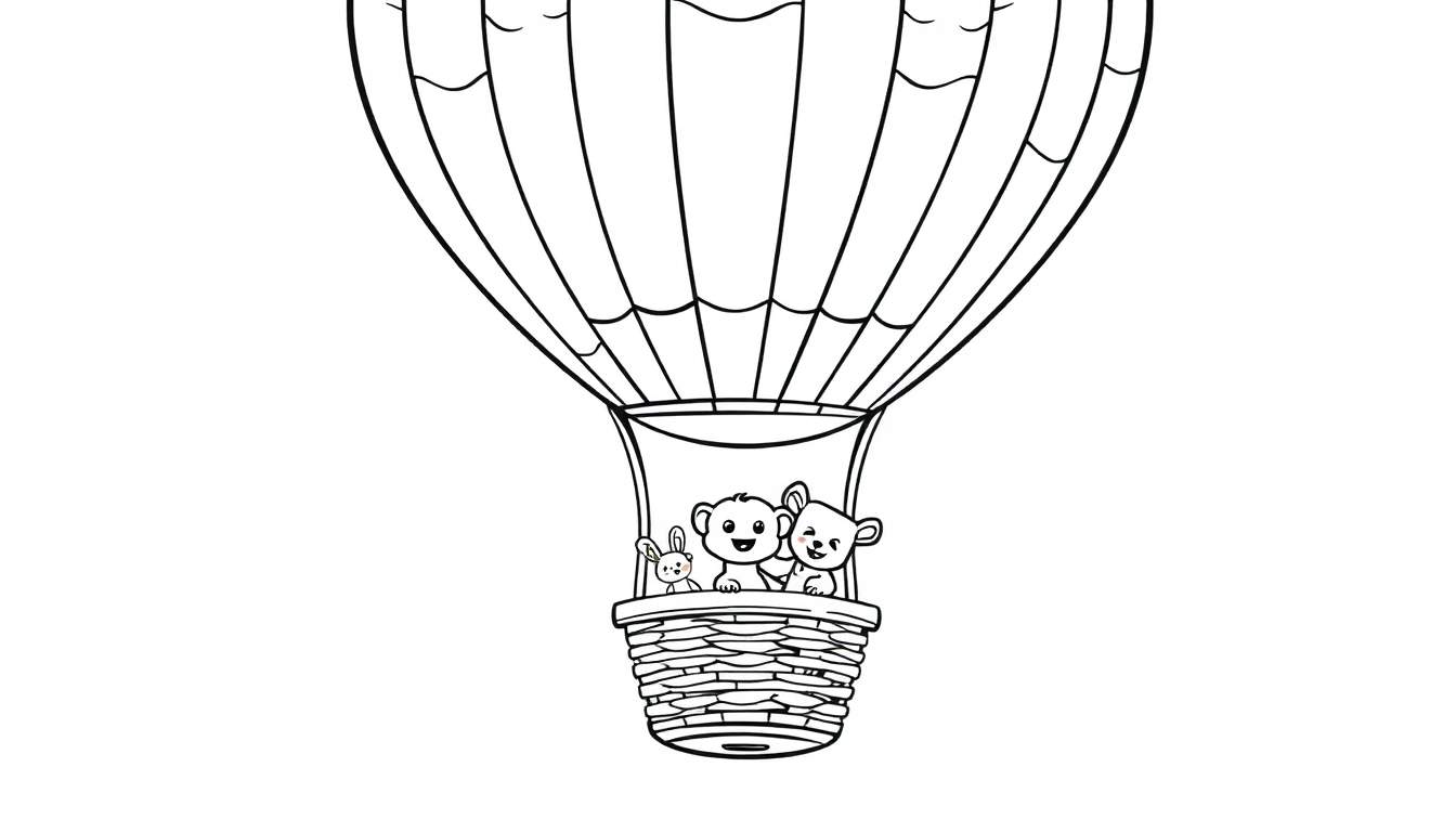 Placa de color de un globo aerostático con un conejito y dos ositos de peluche en la cesta.