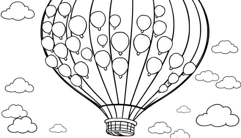 Placa de color de un globo aerostático gigante con globos pequeños dentro y nubes amigables.