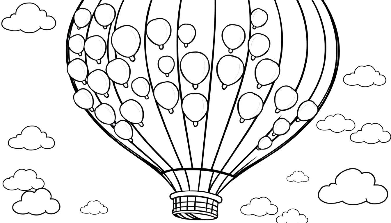 Placa de color de un globo aerostático gigante con globos pequeños dentro y nubes amigables.