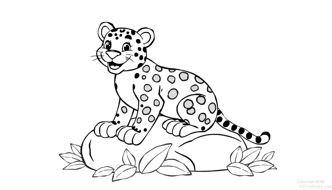 Placa de color de un leopardo de dibujos animados amigable sentado en una roca.