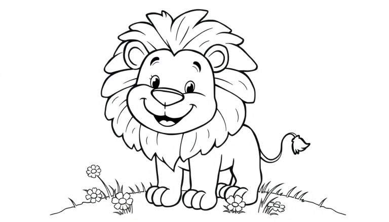 Un león de dibujos animados sonriendo en una placa de color con flores.