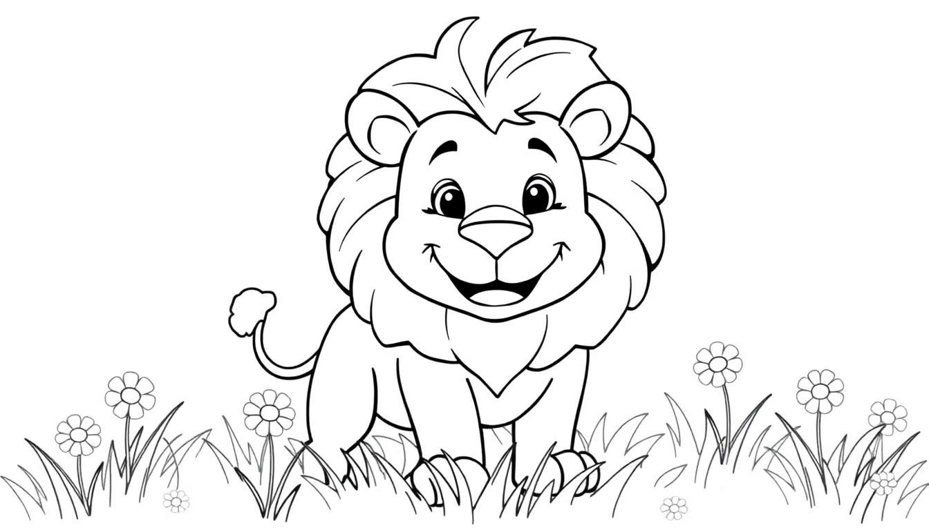 Placa de color de un león amigable de dibujos animados.
