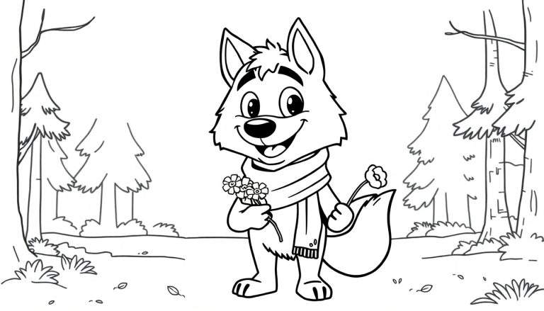 Un lobo amigable con bufanda y flores listo para colorear en una placa de color.