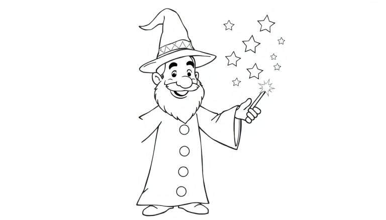 Placa de color de un mago de dibujos animados lanzando estrellas.
