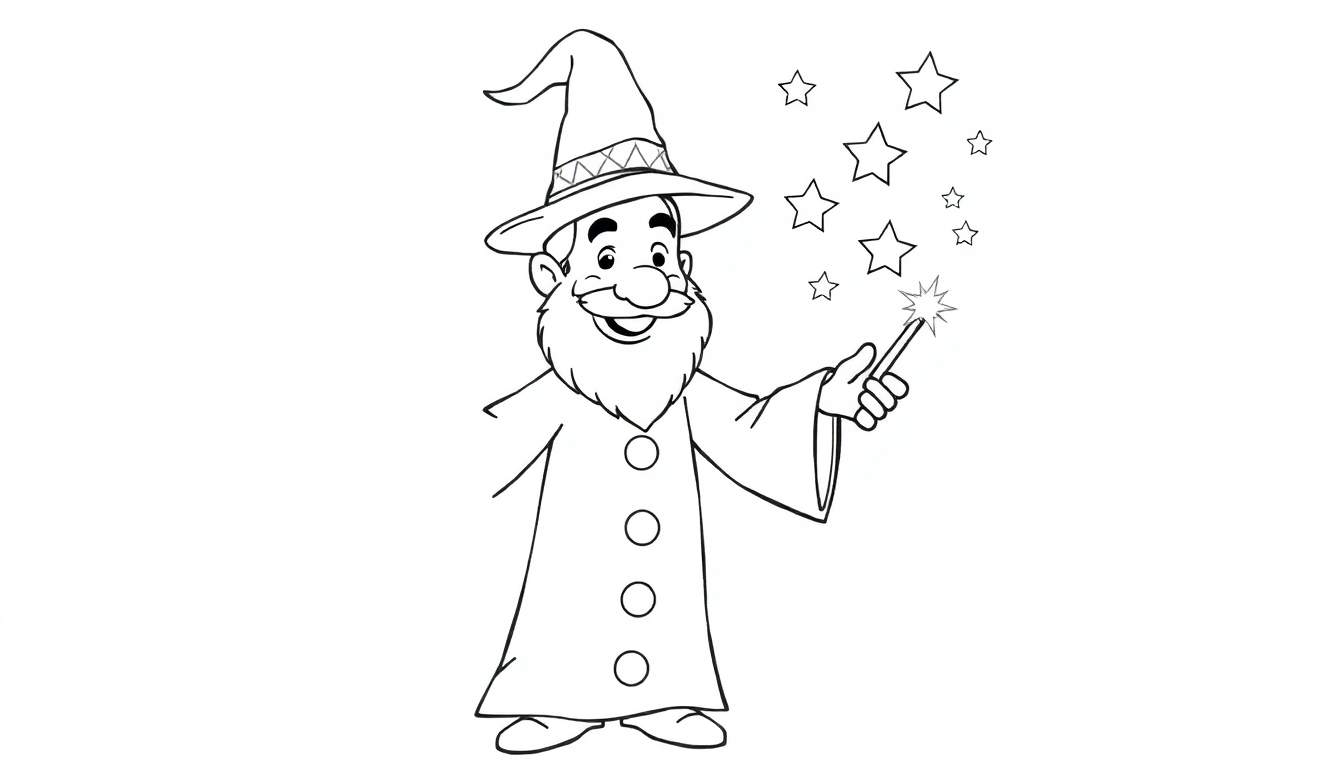 Placa de color de un mago de dibujos animados lanzando estrellas.