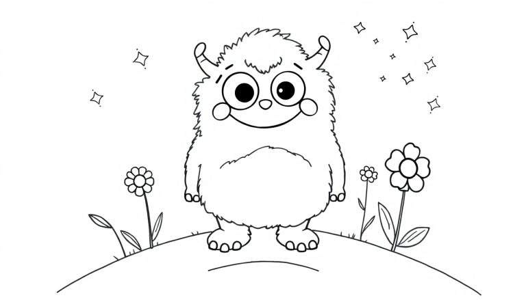 Un personaje de monstruo amigable en blanco y negro, diseñado para colorear, con flores y estrellas, como en una placa de color.