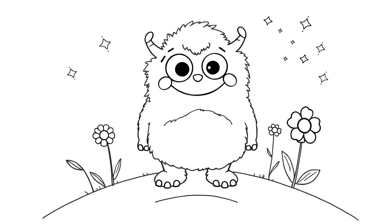 Un personaje de monstruo amigable en blanco y negro, diseñado para colorear, con flores y estrellas, como en una placa de color.