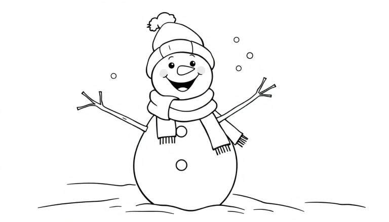 Placa de color de un muñeco de nieve sonriente con sombrero y bufanda.