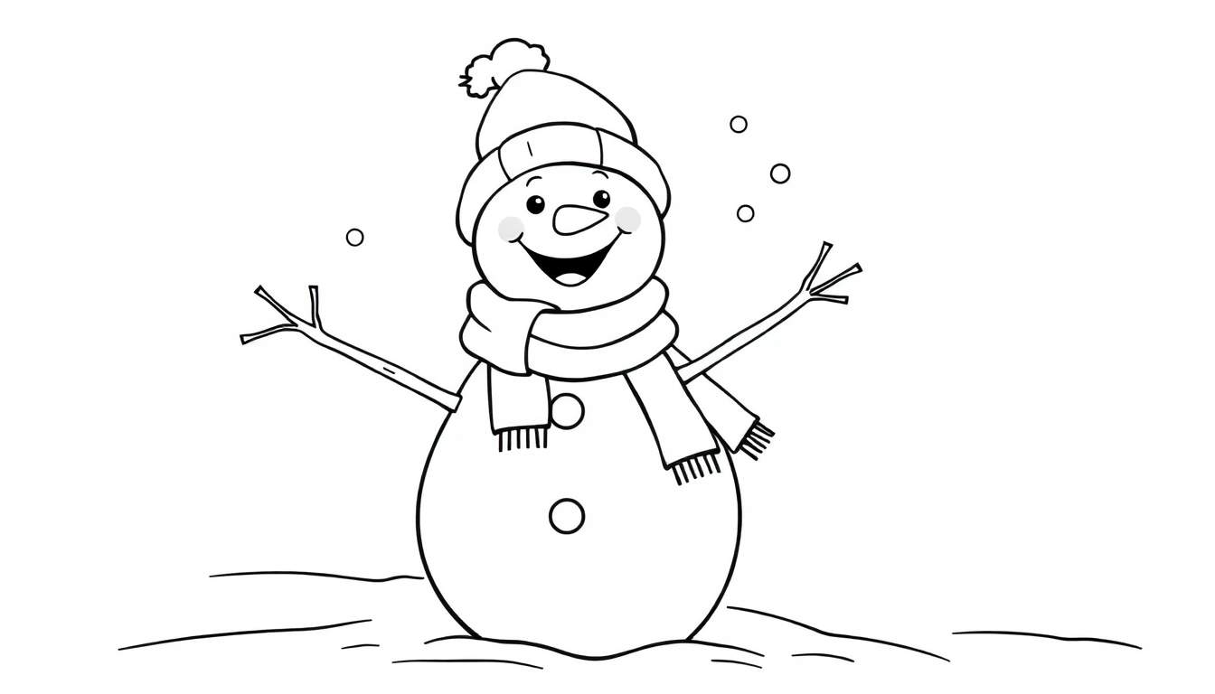 Placa de color de un muñeco de nieve sonriente con sombrero y bufanda.