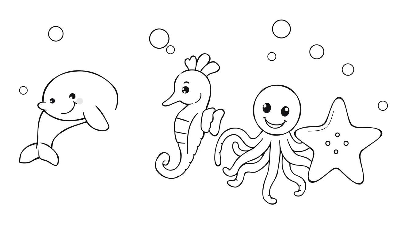 Placa de color con un delfín sonriente, un caballito de mar y un pulpo con estrellas de mar rodeados de burbujas.