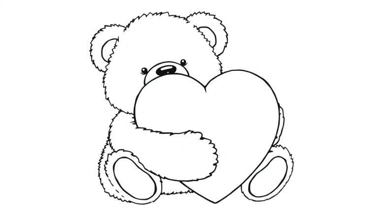 Placa de color de un osito de peluche abrazando un corazón.