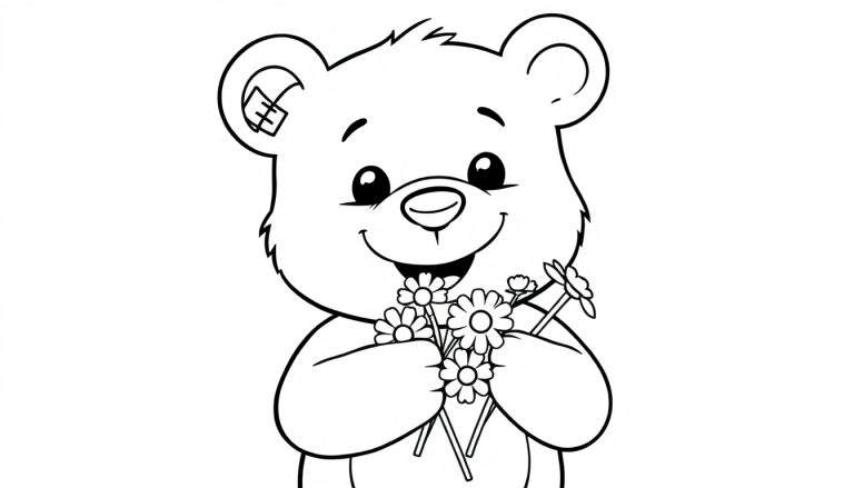 Placa de color de un oso de peluche sonriente con un vendaje en la oreja y flores.