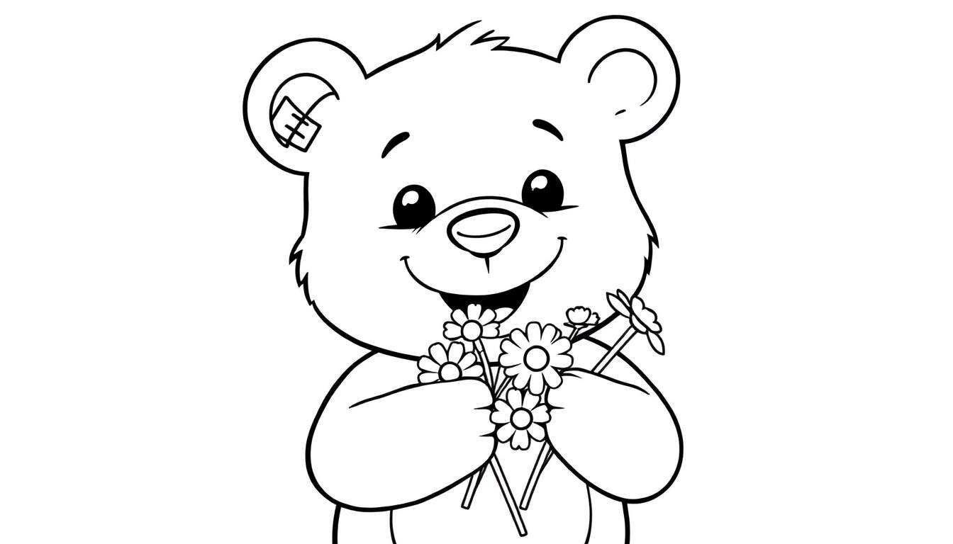 Placa de color de un oso de peluche sonriente con un vendaje en la oreja y flores.