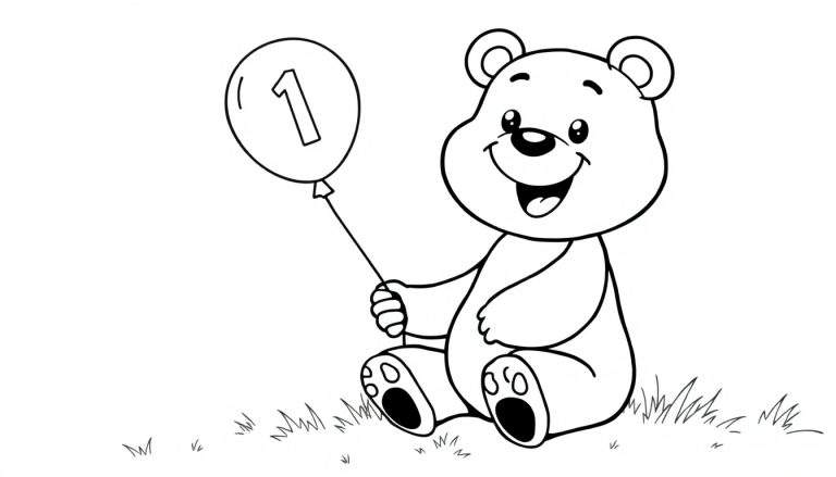 Placa de color de un oso feliz con un globo con el número 1.