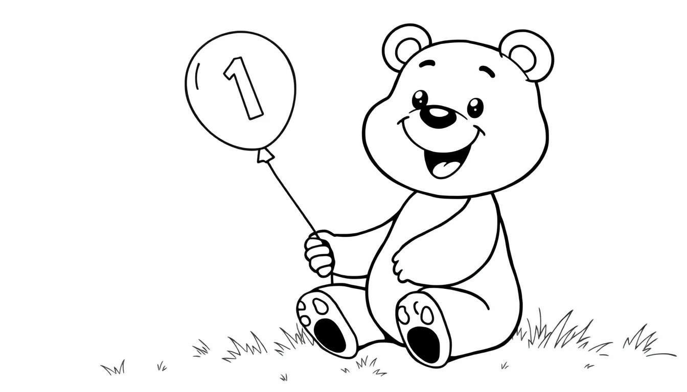 Placa de color de un oso feliz con un globo con el número 1.