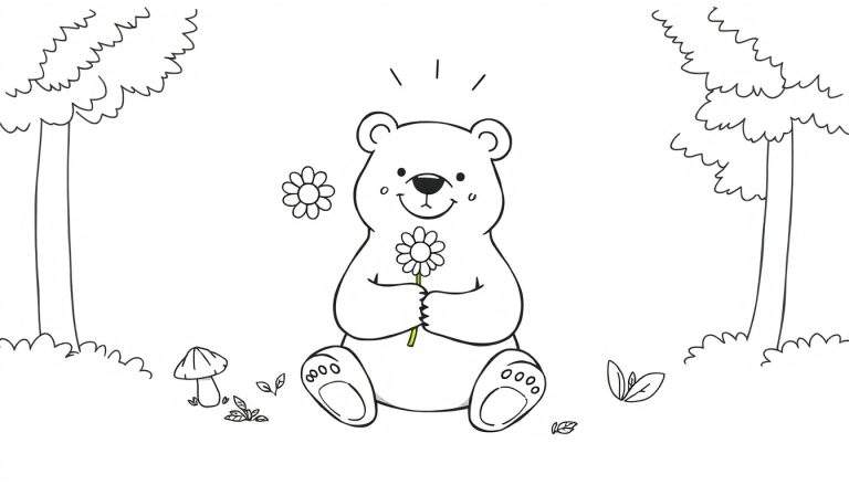 Placa de color de un oso sonriente sentado en un bosque con una flor.