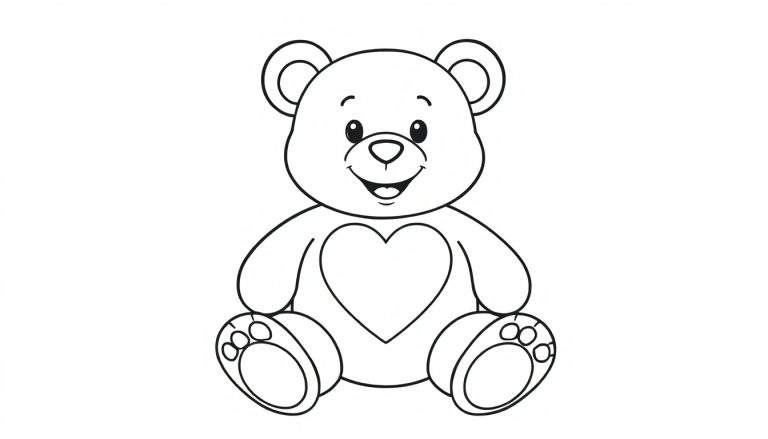 Oso de peluche sonriente con un corazón en la barriga, listo para colorear en una placa de color.
